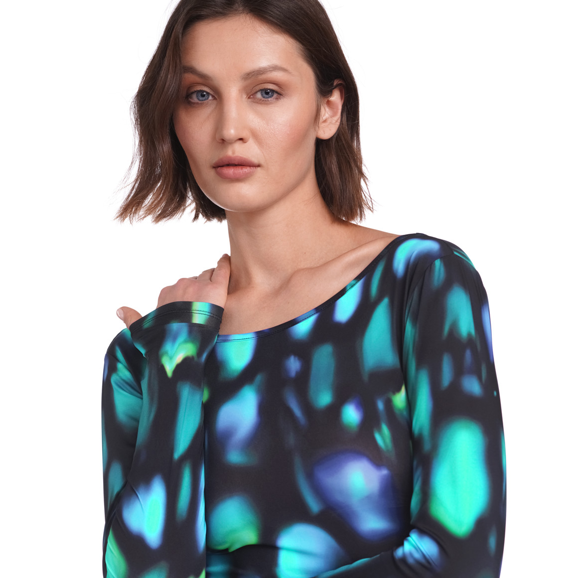 Gina Sports Damen Sport-Langarmshirt mit Allover-Print schwarz / blau / türkis