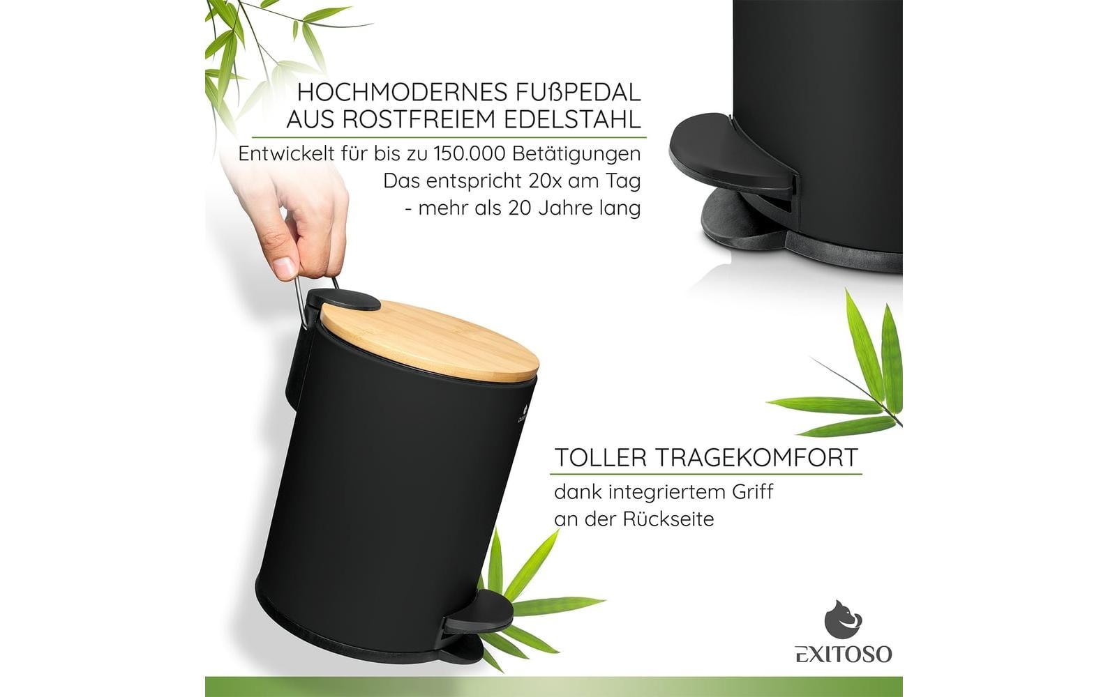 Tretmülleimer mit Softclose-Deckel 3 l, SchwarzAbfalleimer aus Bambus