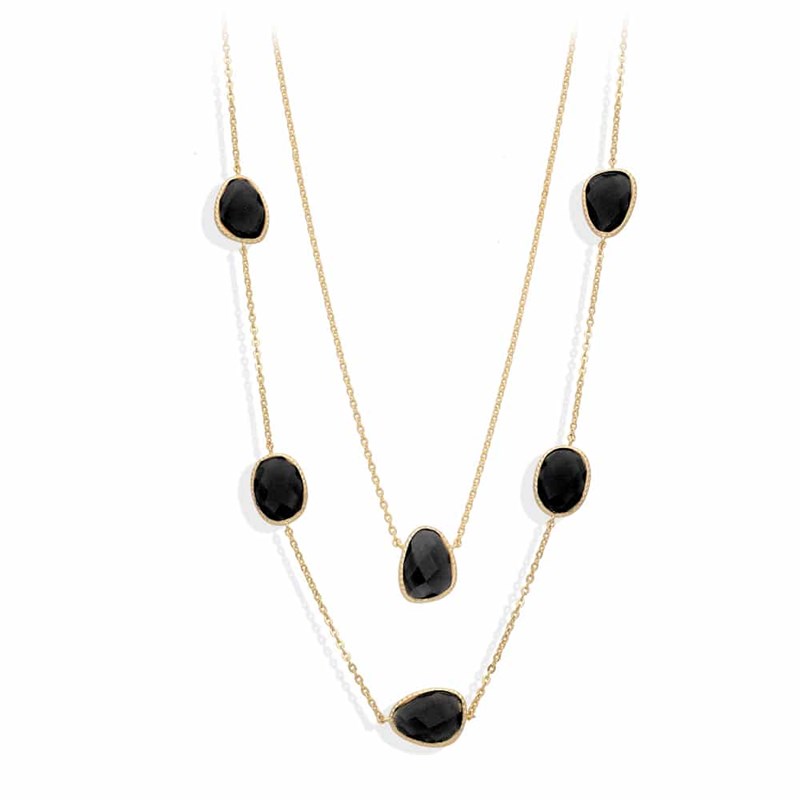 Collier Long Sautoir Argent Doré Victoria Cristal Noir
