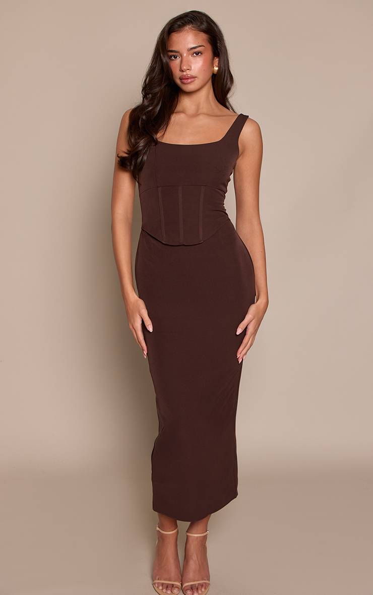 Chocolat Robe Longue En Tissu Tissé Avec Détail Corset