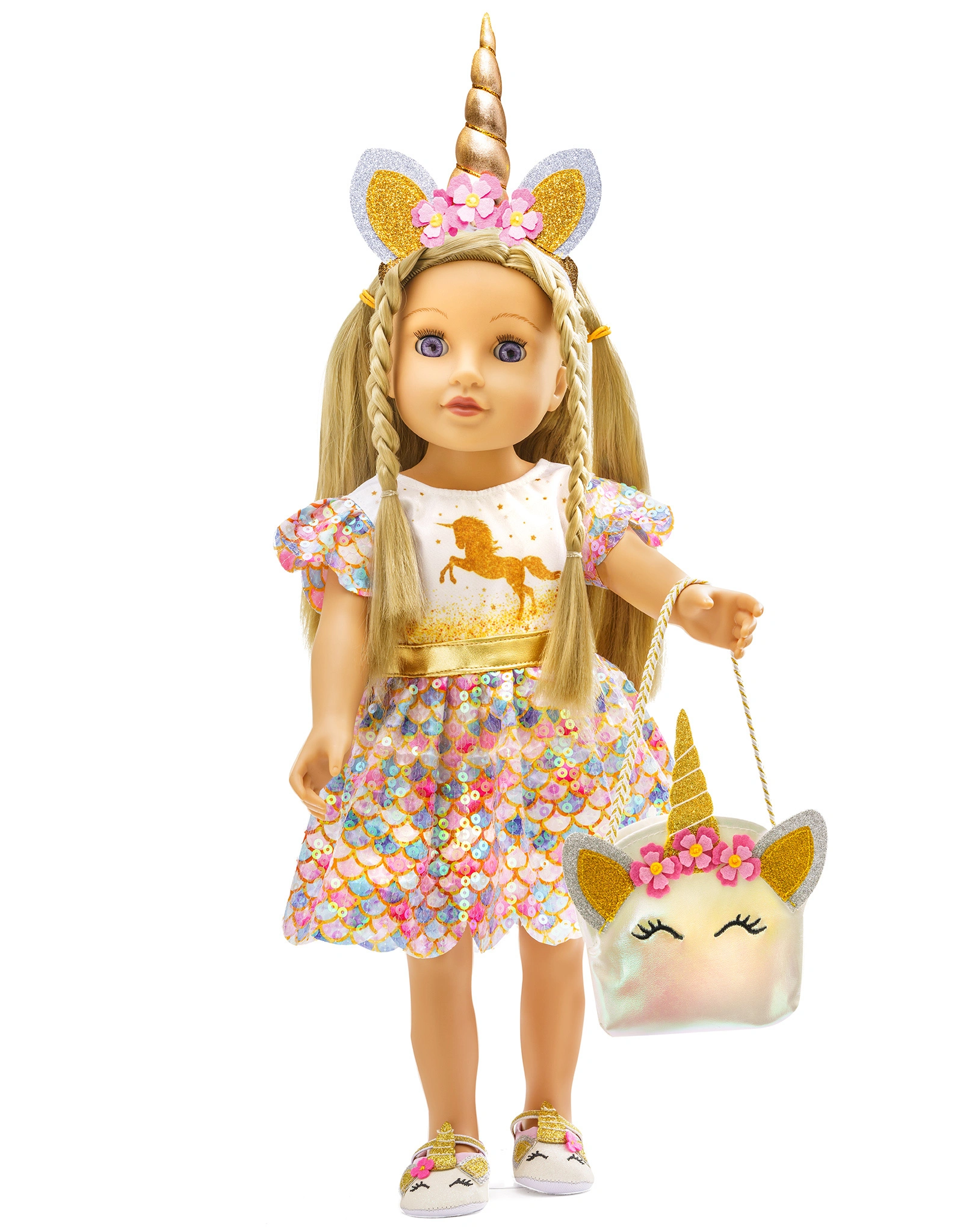 Puppenkleid GLITZER EINHORN GOLDY (35-45 cm) in bunt