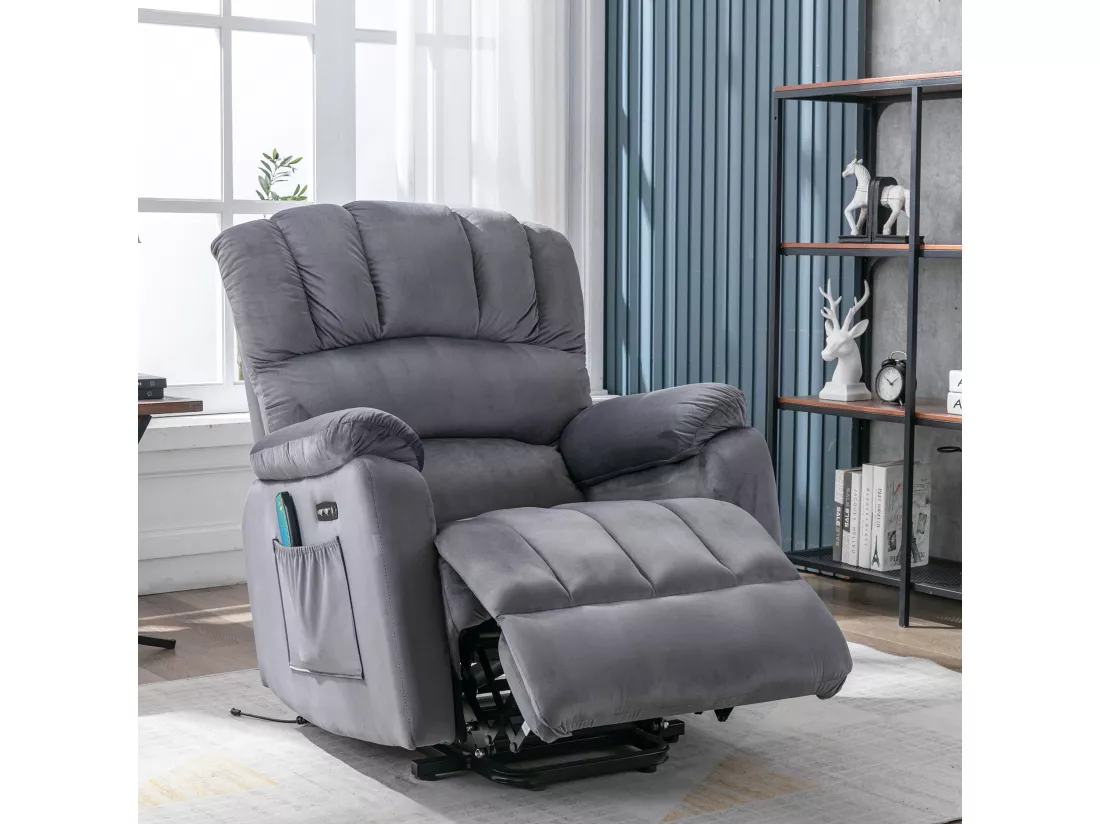 Fauteuil de relaxation électrique avecc fonction massage, fauteuil inclinable 160°, rembourré en tissu gris