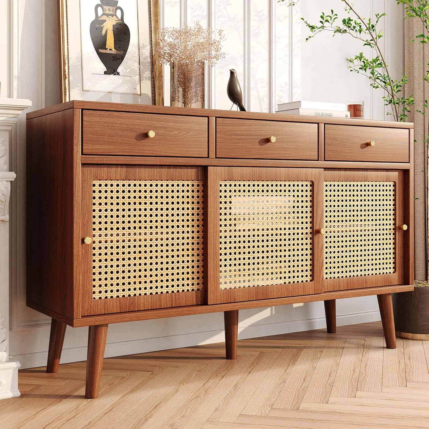 KOMHTOM Sideboard Kommode mit 3 Schubladen und 3 Schiebetüren, Aufbewahrungsschrank aus Holz, Schrank für Küche, Wohnzimmer und Büro, 120 x 40 x 78 cm (A-Walnuss)