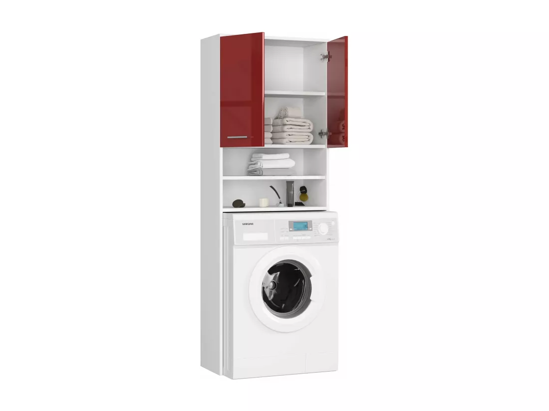 meuble machine a laver 2 portes rouge brillant 4 étagères 64x30x180 cm