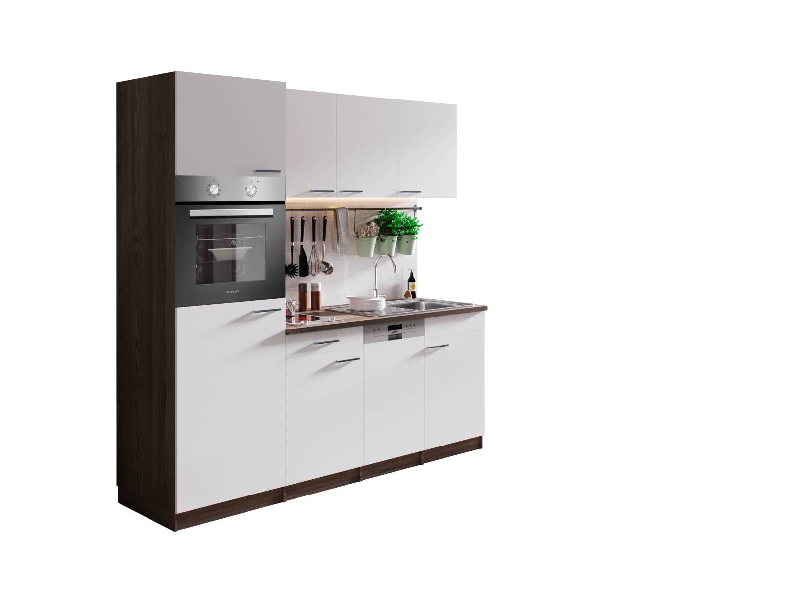 RESPEKTA Singleküche OLIVER - weiß - Eiche York - mit E-Geräten - 205 cm