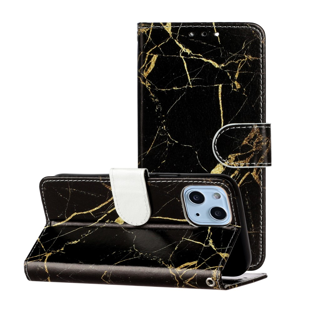 iPhone 13 Leder Tasche Flip Cover Marmor Marble - Schwarz / Gold