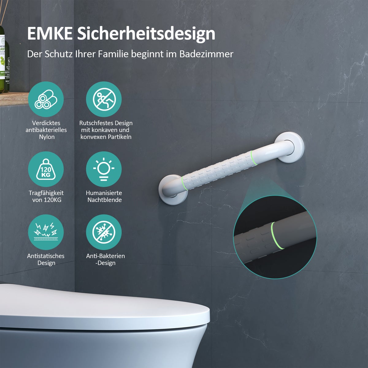 EMKE-beugels voor senioren – antislip badkamerbeugel met lichtringen, 50 cm douchegreep en douchebeugel voor veilig gebruik in douche, bad of badkuip