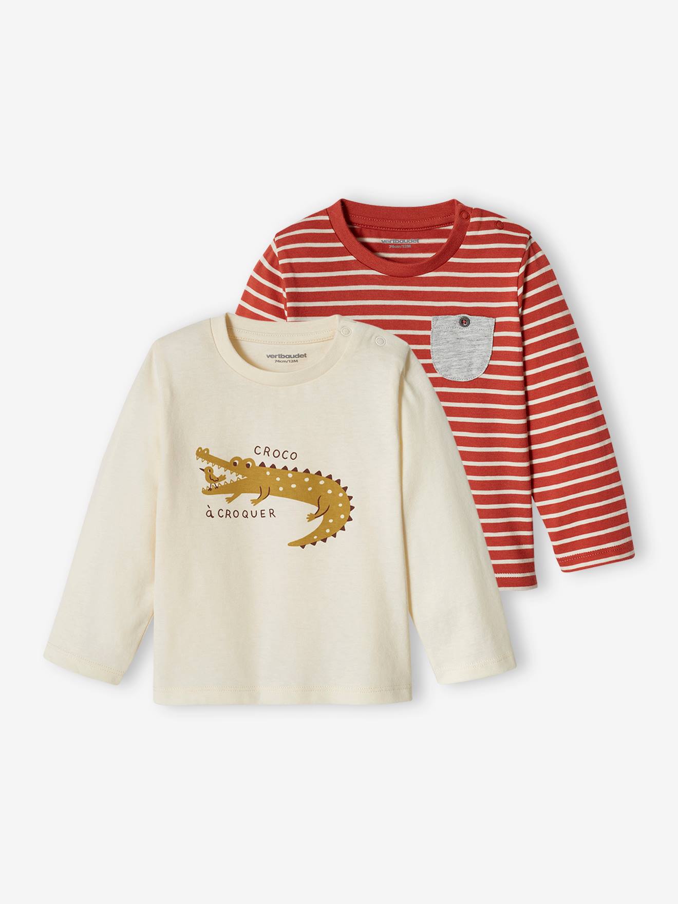 Conjunto de 2 camisetas básicas para bebê com estampa animal e listras, azul-acinzentado.
