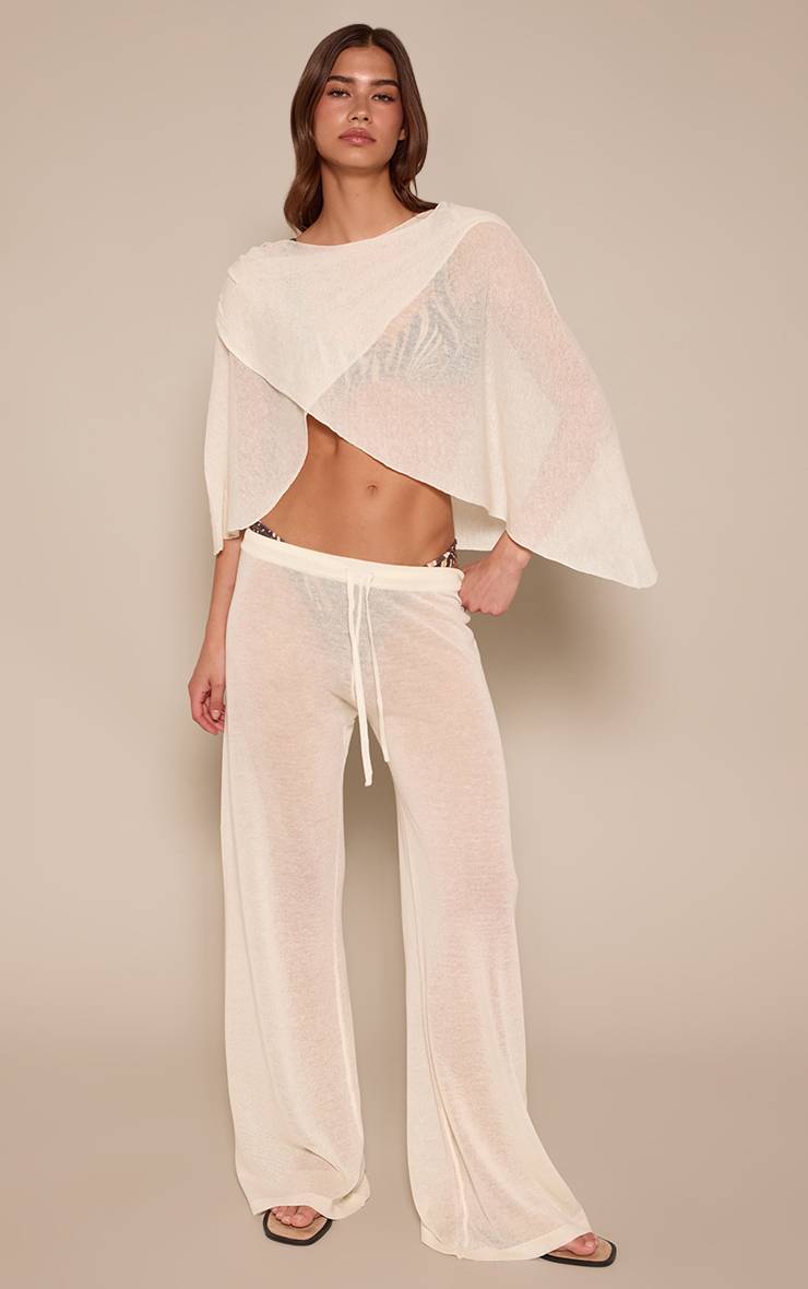 Crème Pantalon Large En Maille Transparente
