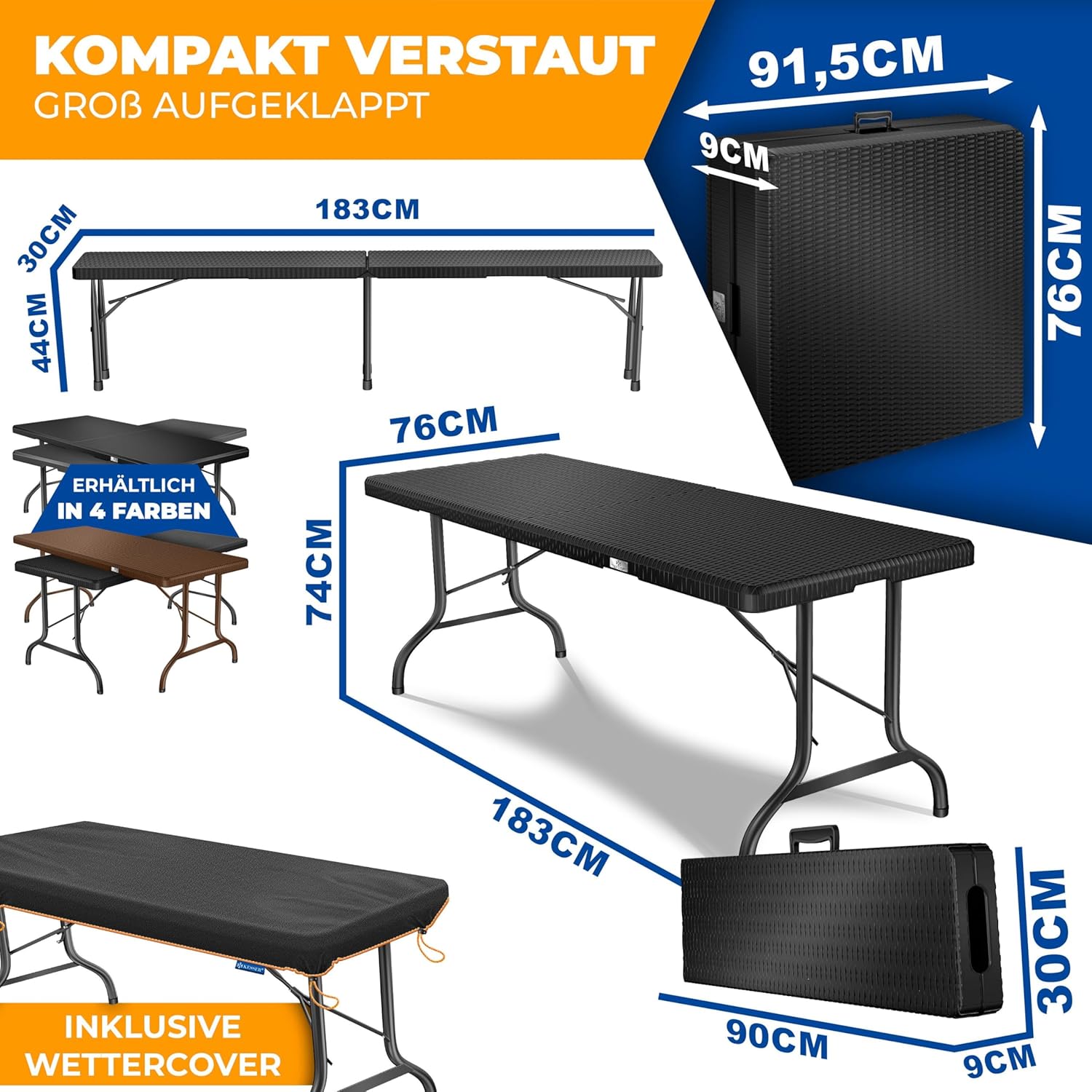 KESSER® Bierzeltgarnitur 3-teilig Set Tisch & 2x Bank | Buffettisch für drinnen & draußen Gartengarnitur klappbar 183x76x74cm Kunststoff Klapptisch Rattan-Look Gartentisch Inkl Abdeckung & Tragegriffe