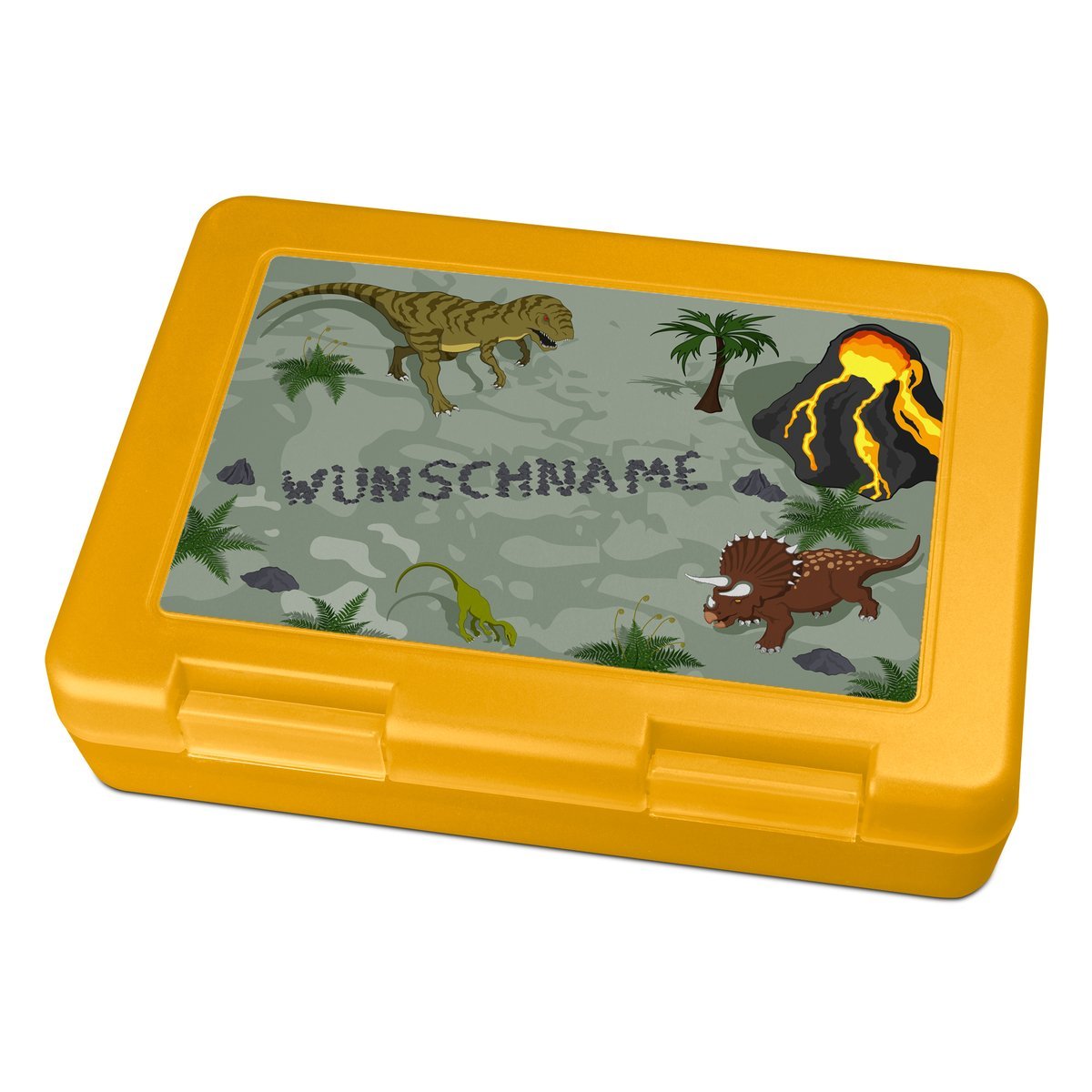 Brotdose mit Namen, gelb (Motiv: Dinosaurier)