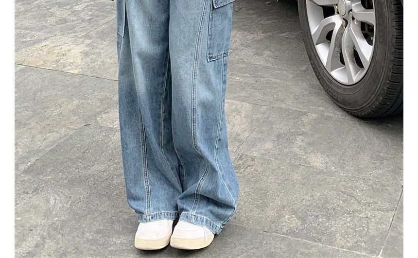Doromynn - Hoge taille, effen baggy cargojeans met trekkoord