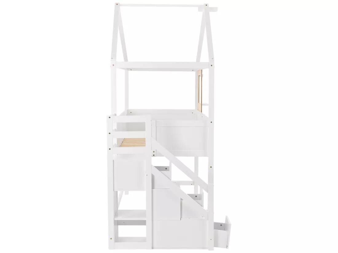 Lit mezzanine cabane 90x200cm avec escalier de rangement(3 tiroirs) en bois massif - Blanc
