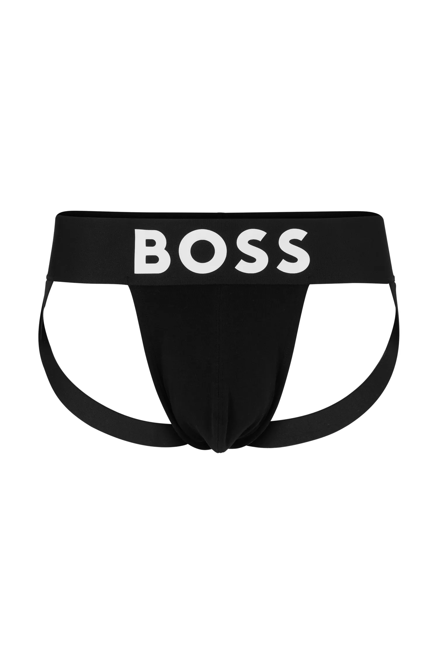 Cueca suspensória BOSS preta em algodão elástico com cós com logotipo.