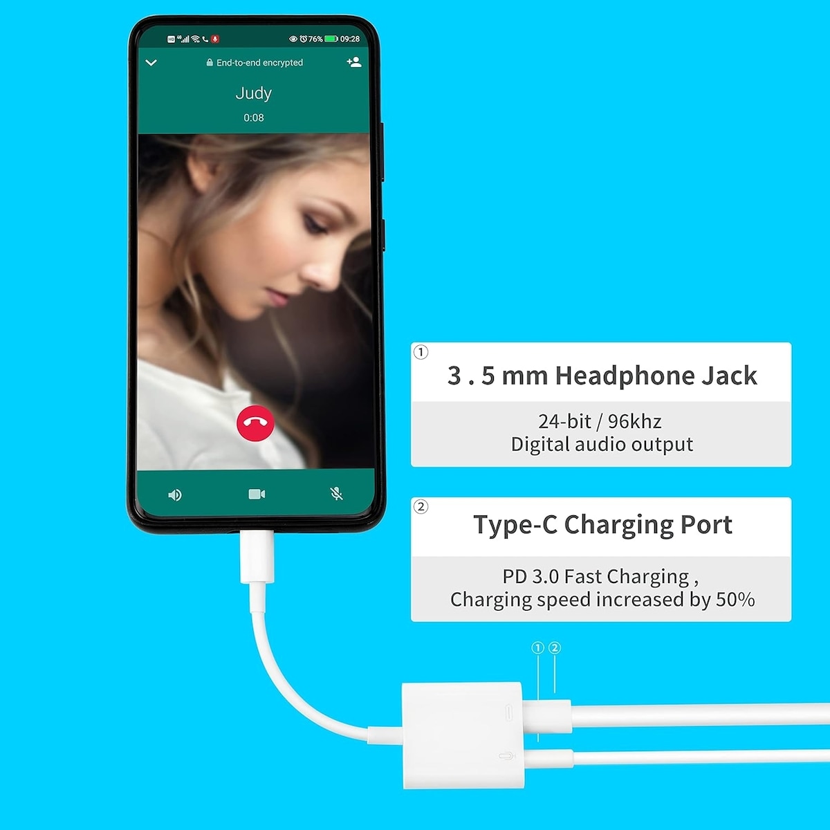 NÖRDIC USB-C til 3,5 mm lydadapter, USB-C hodetelefonadapter og PD 60W lading