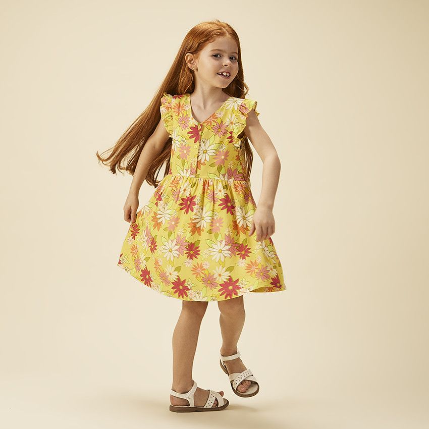 Robe manches courtes volantées imprimé fleuri pour fille - Jaune