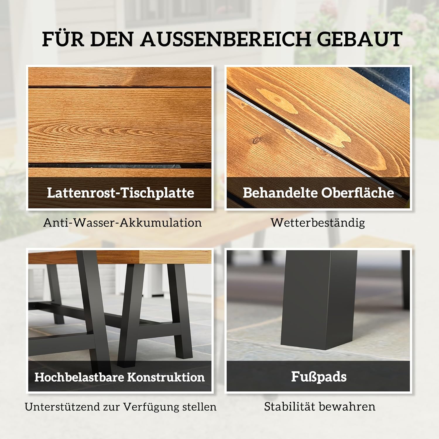 Outsunny Sitzgruppe 3-teilig Holz Essgruppe für 4 Personen im Lamellendesign Esstisch mit 2 Bänke Esszimmergruppe mit Holztisch Küchentisch-Set Balkonmöbel Gartenmöbel für Terrasse, Balkon Teak