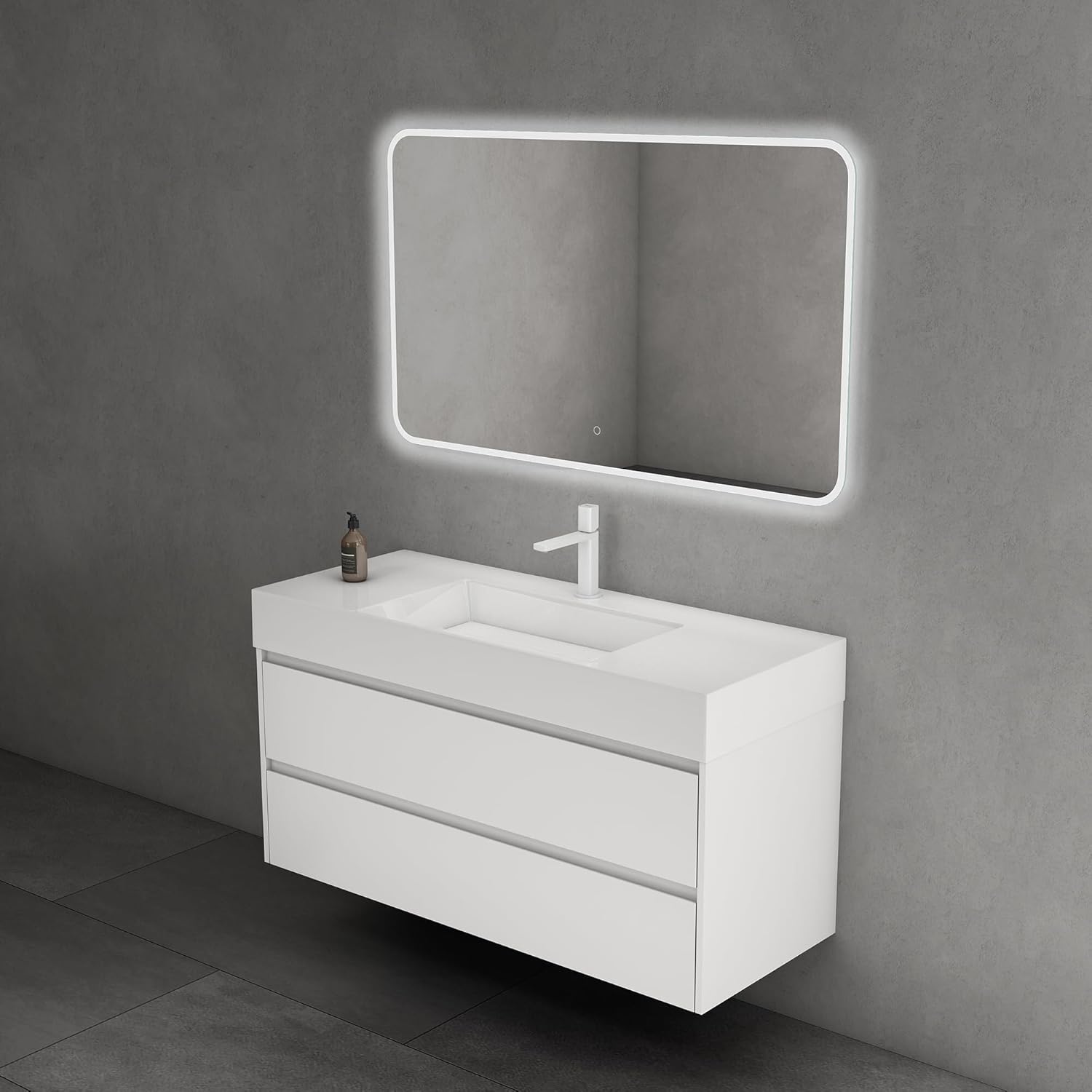 doporro Badmöbel Set mit Waschtisch Badezimmer Unterschrank Wandmontage Waschbeckenunterschrank Matt Weiß 120x48x63cm inkl. Waschbecken aus Mineralguss und LED-Badpiegel Deep