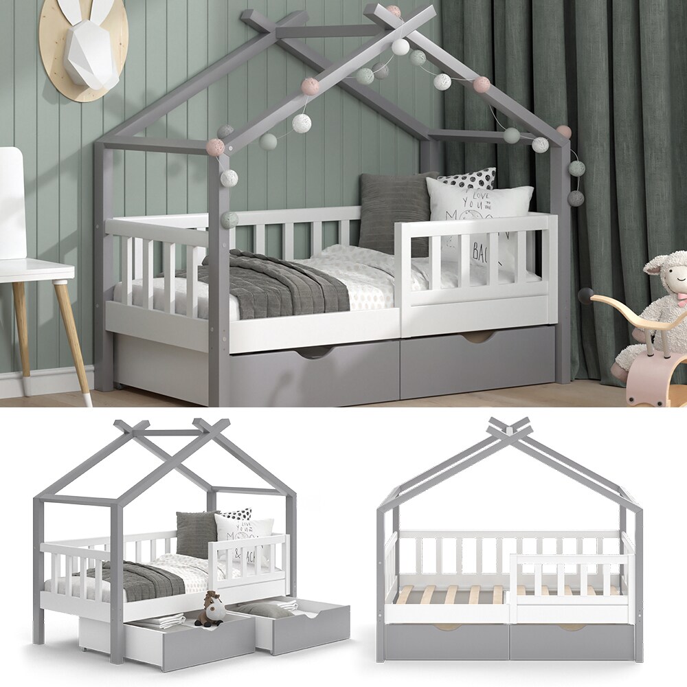 VitaliSpa Kinderbett Hausbett Einzelbett Design Weiß Grau modern 70x140 cm Kinderzimmer Bett Massivholz Lattenrost Schublade Rausfallschutz Schubladenbett