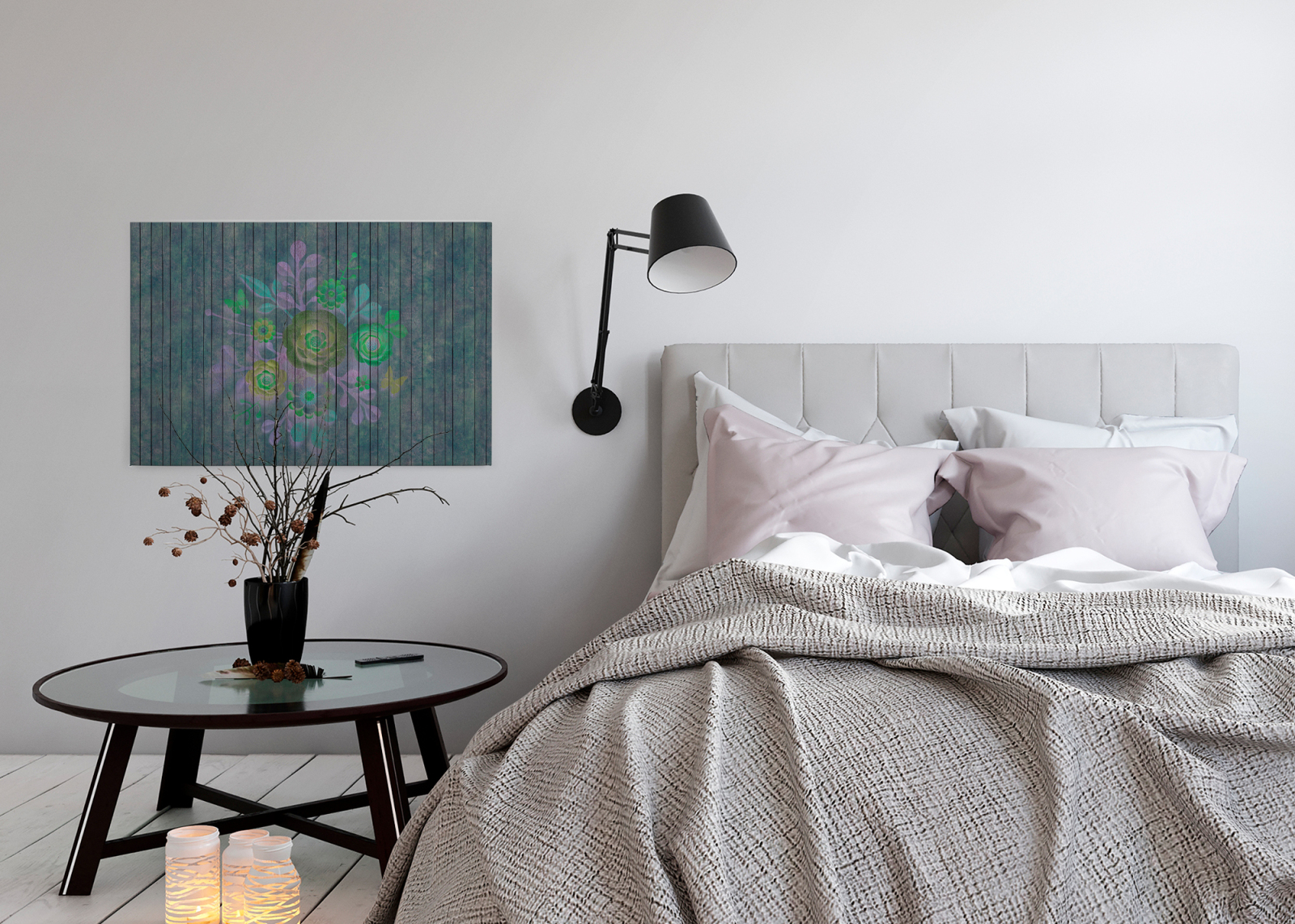 Leinwandbild BLUMEN AUF HOLZ - grün-lila - 90x60 cm