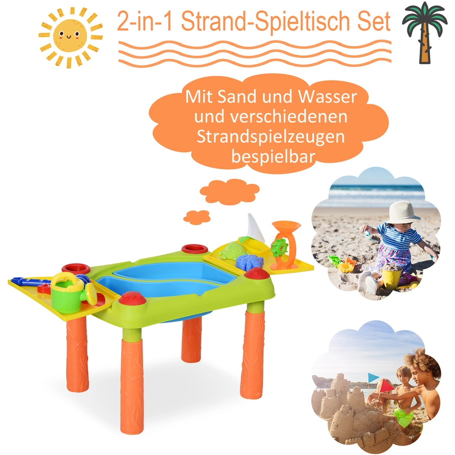 HOMCOM Kinder Sandkastentisch mit 16-tlg. Zubehör grün, gelb, orange