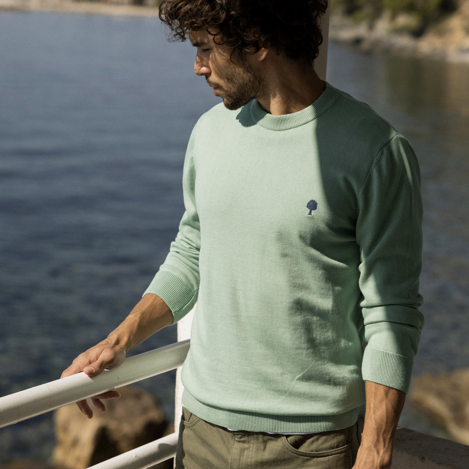 Pull vert clair broderie arbre coton et coton recyclé - modèle marly