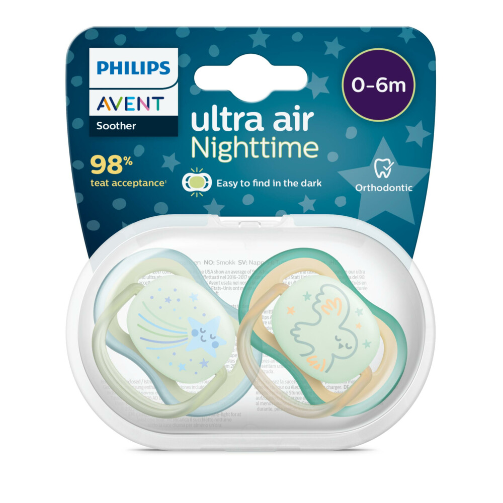 Philips Avent Fopspeen Ultra Air Nighttime 0-6 mnd Ster Uil2 stuks