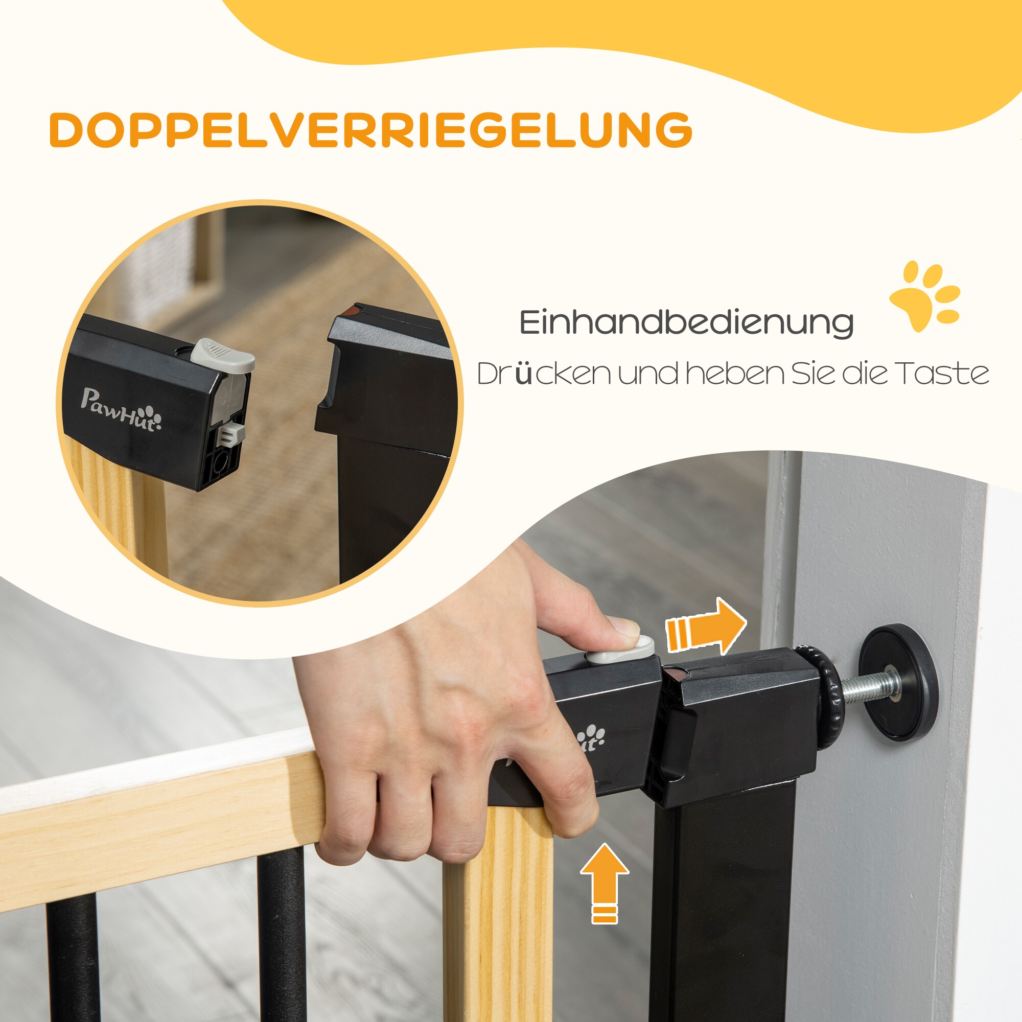 PawHut Türschutzgitter mit automatisch schließender Tür schwarz, natur 82L x 2B x 74H cm