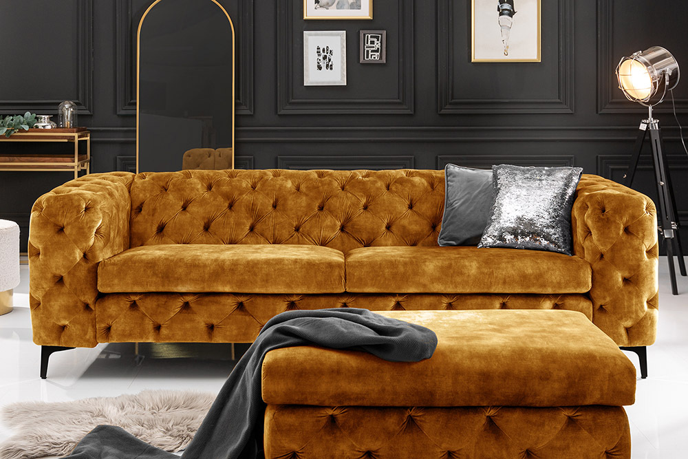 Chesterfield Hocker MODERN BAROCK 90cm senfgelb Samt Sitzhocker Fußhocker