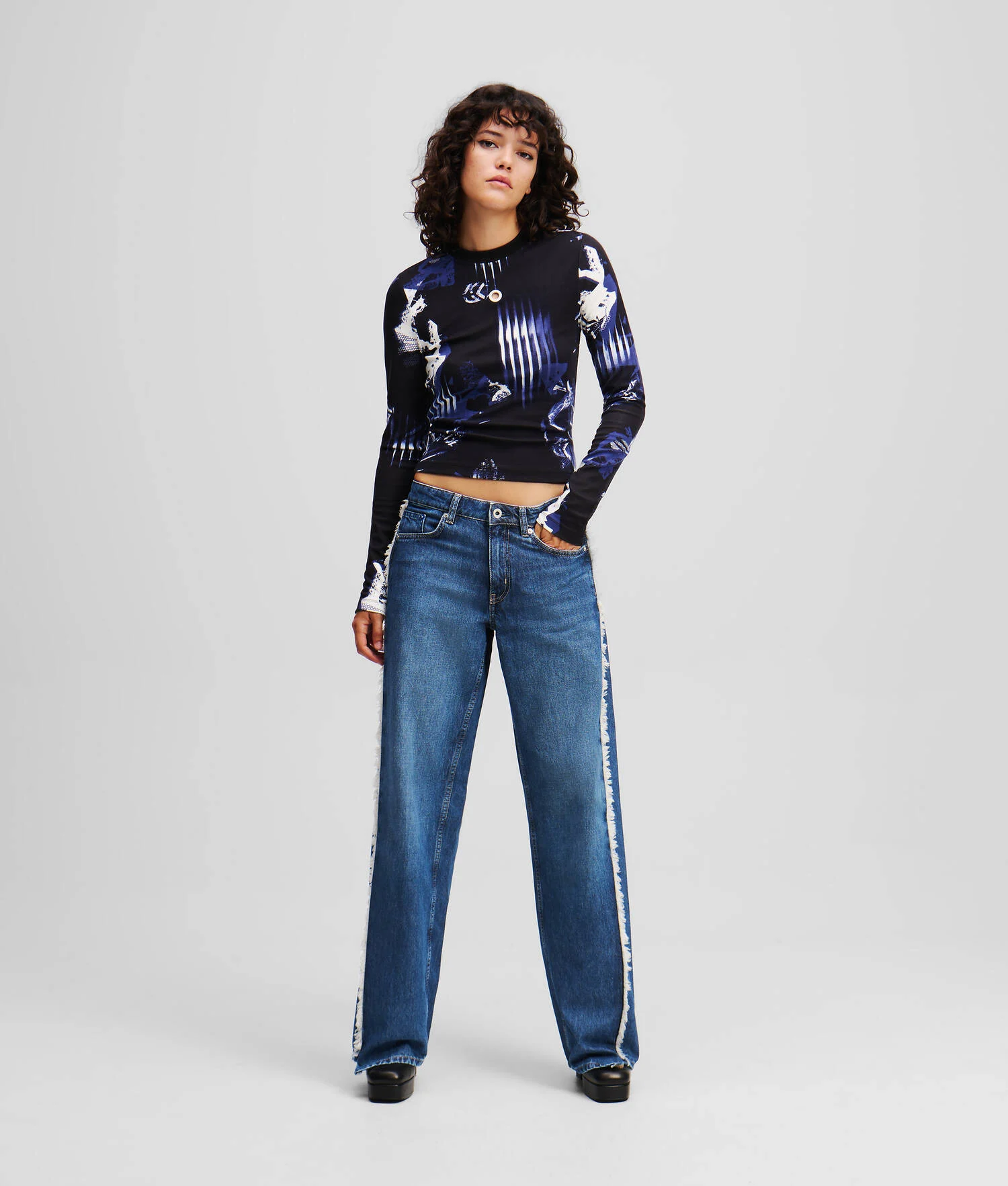 JEAN DÉCONTRACTÉ TAILLE MI-HAUTE À FRANGES - Bleu foncé délavé