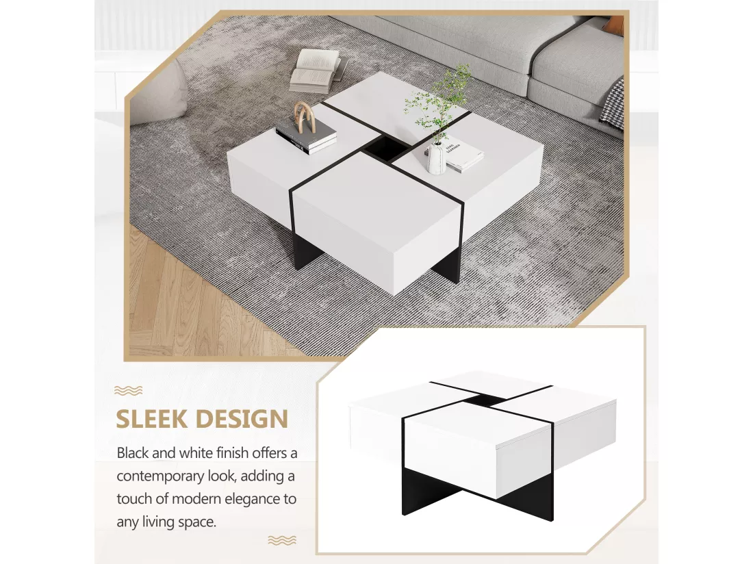 Table basse carrée moderne 70 x 70 x 35 cm - avec compartiment de rangement central de 10 x 10 cm – panneaux de particules - blanc