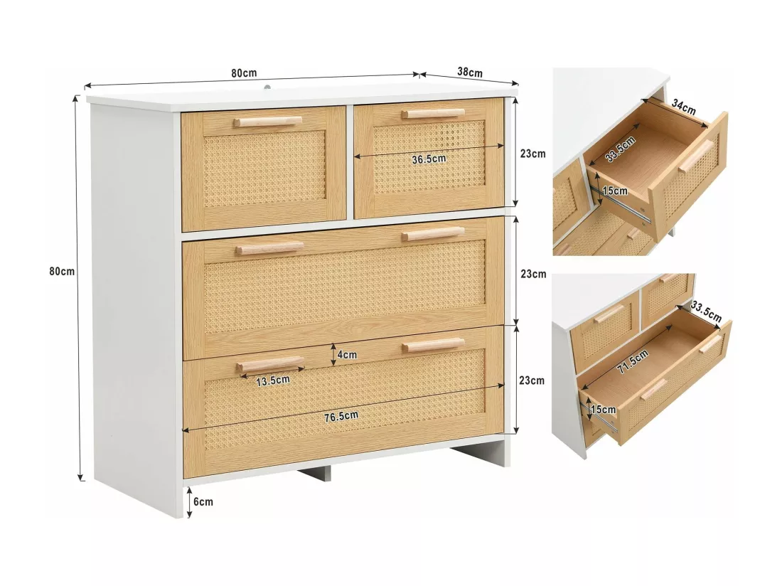 Élégant meuble 4 tiroirs en rotin, coloris naturel,d95cm×h32cm