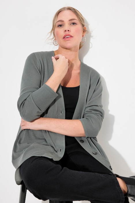 Strickjacke, V-Ausschnitt, Knopfleiste, Feinstrick
