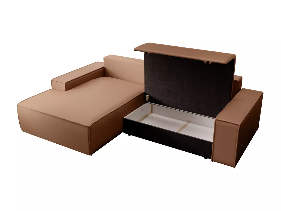 Canapé d'angle gauche convertible en tissu effet cuir marron AMELIA