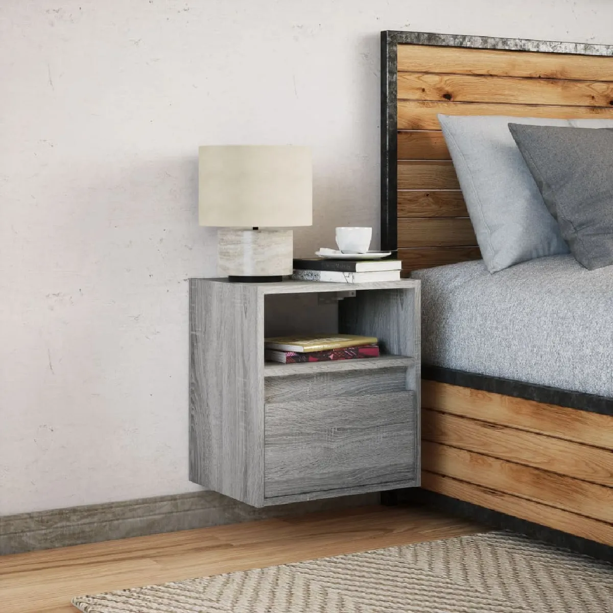 vidaXL Table de chevet murale - LED Sonoma gris