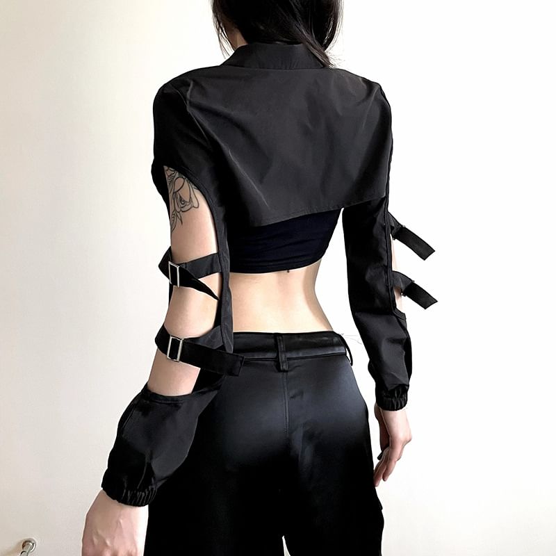 PolkaBella - Crop top met lange mouwen, gespen, hoge hals en halve rits