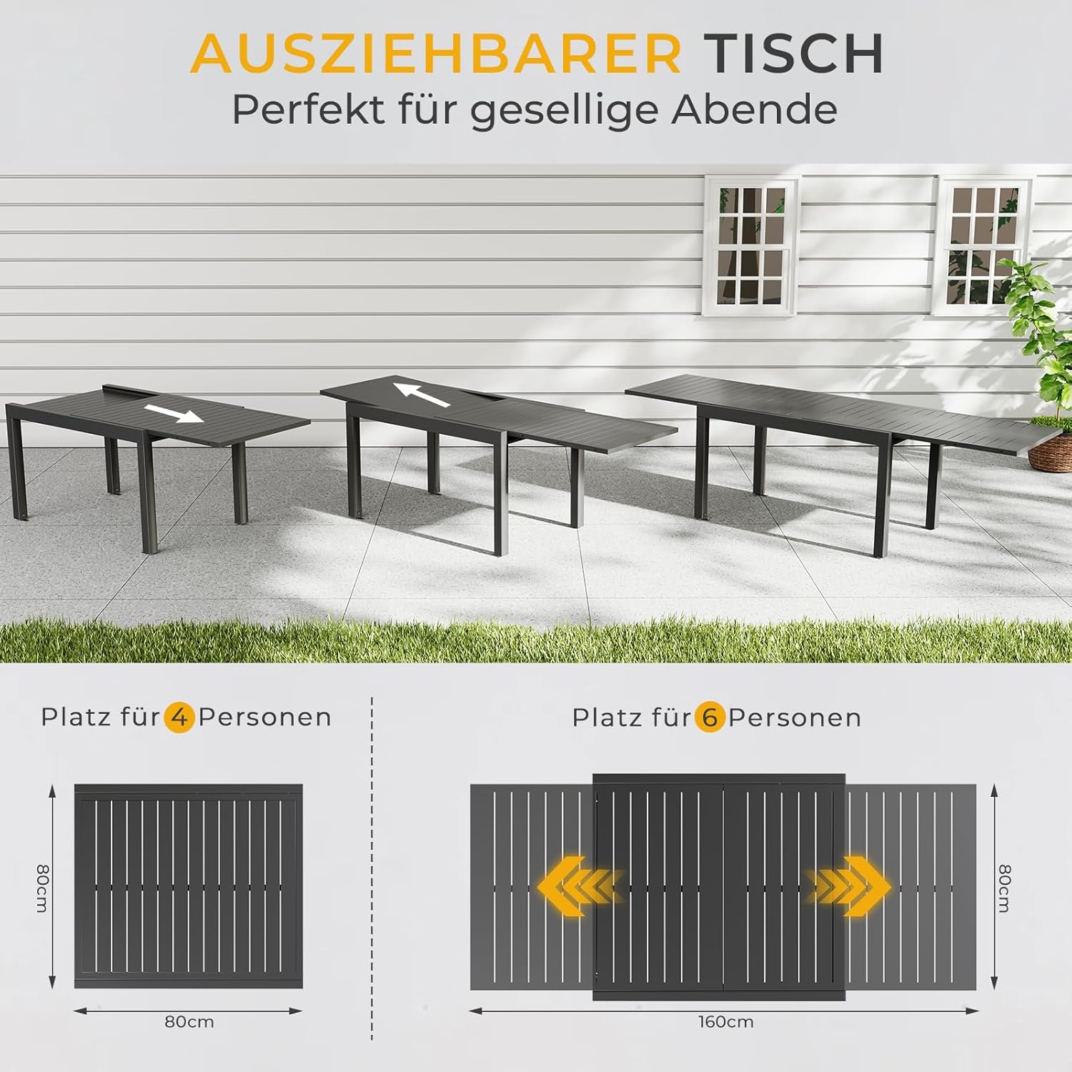 Gartentisch Ausziehbar, Gartentisch Wetterfest mit Aluminium, 80/160 x 75cm Esstisch Ausziehbar für 4-6 Personen, Geeignet als Gartentisch Partytisch Balkontisch, Dunkelgrau