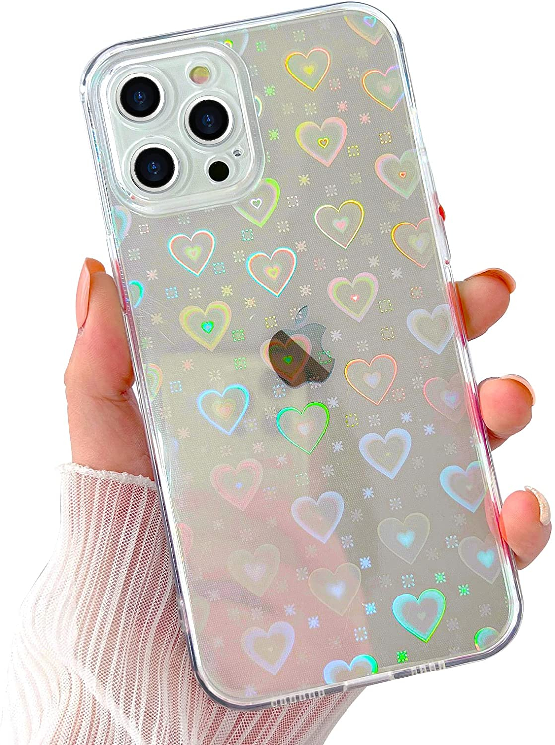 iPhone 13 Pro Hybrid Hülle TPU Bumper   Laser Hologramm Glitzer Herze - Transparent