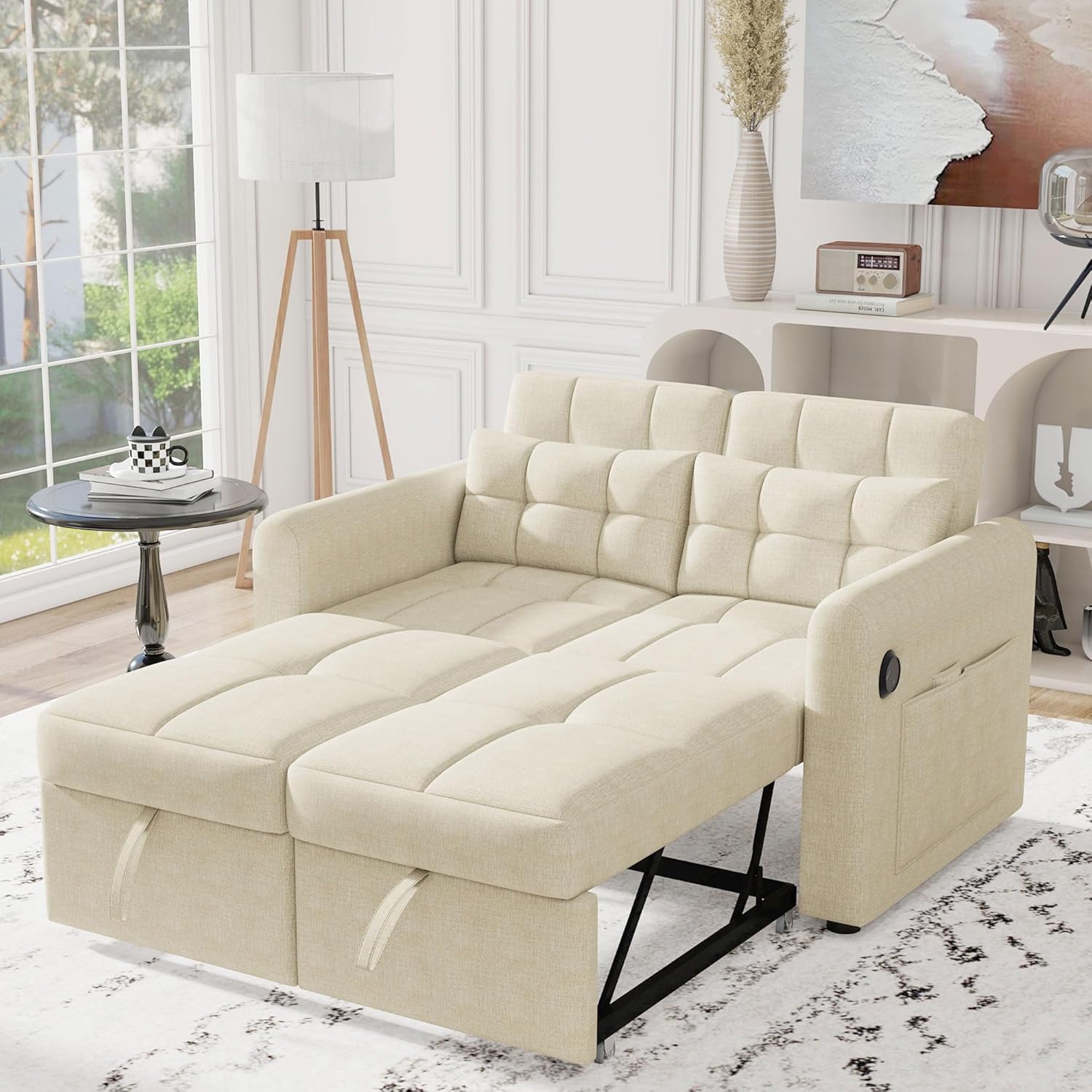 Modernes Doppel-Klappschlafsofa, 2-Sitzer Ausziehsofa mit Schlaffunktion, mit verstellbare Rückenlehne&Armlehnentaschen und Kissen, USB-Ladeanschluss, für Wohnzimmer Schlafzimmer Büro (Beige C)