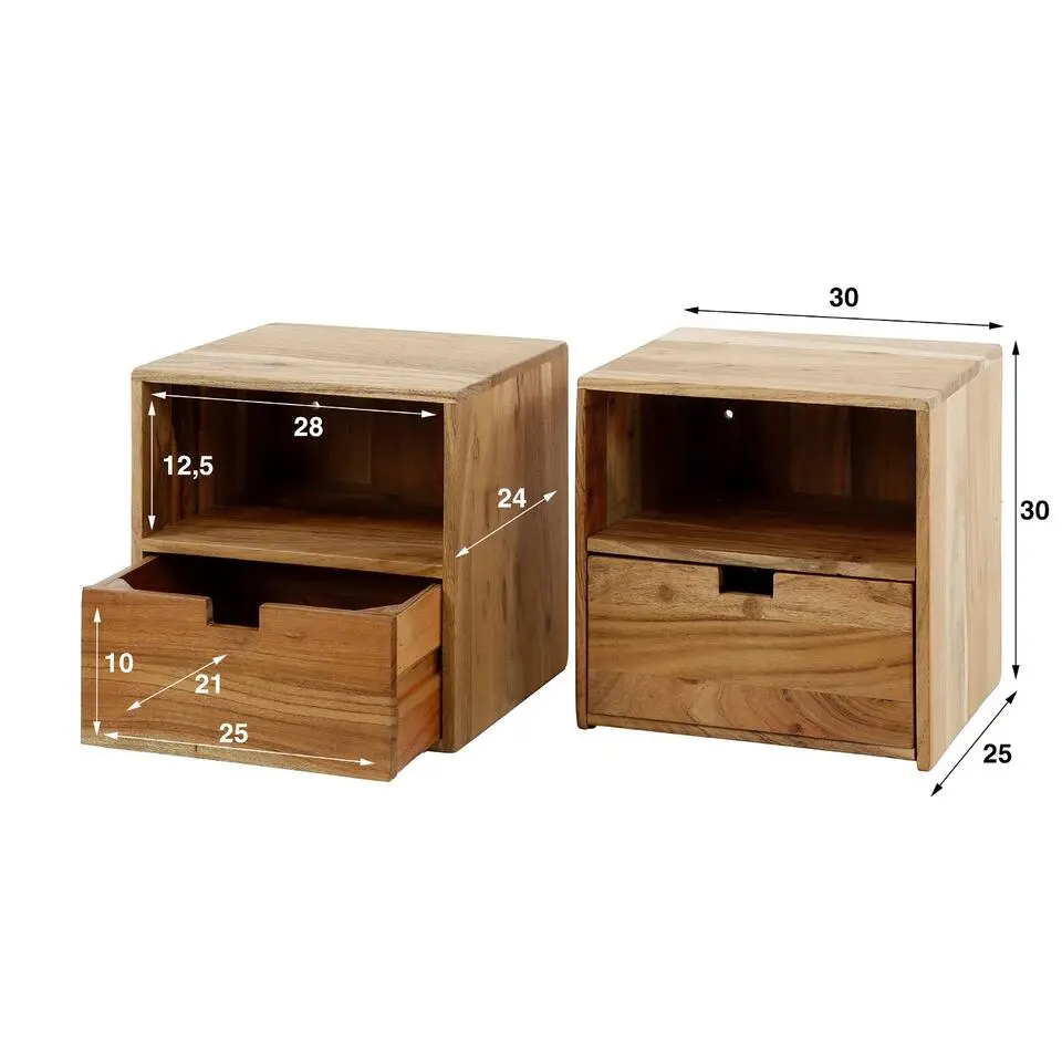 Nachtkastje Naturel Acaciahout - Zwevend - Set Van 2 - 30x25x30cm