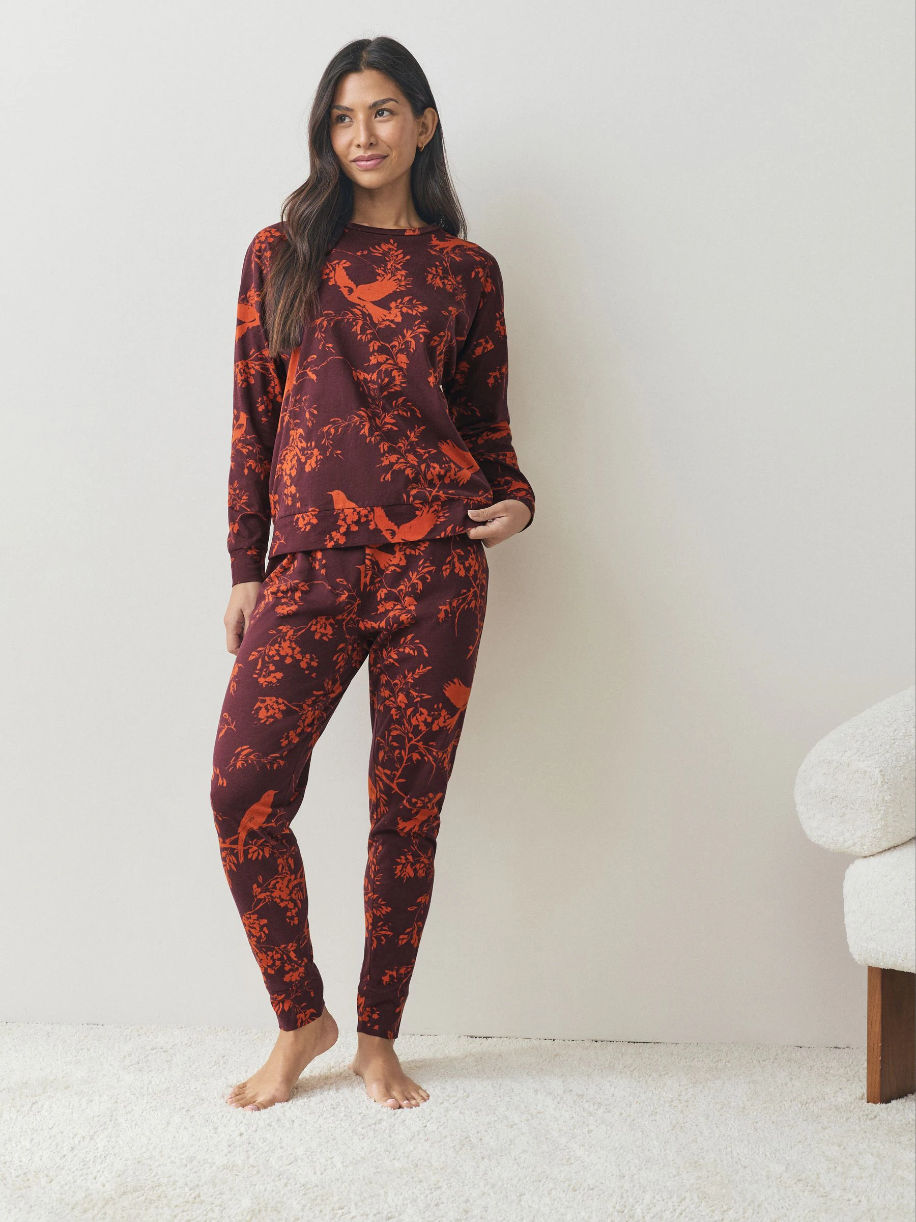 Bessenrood met vogels - Pyjama met lange mouwen
