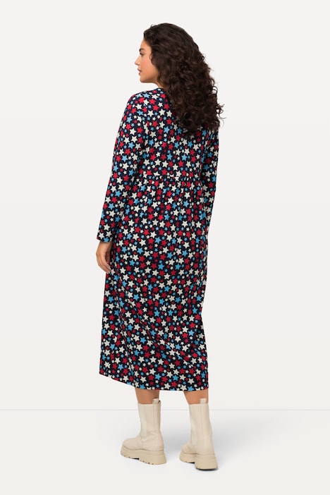 Kleid, Jersey mit Sterne, A-Linie, Carree-Ausschnitt, Langarm