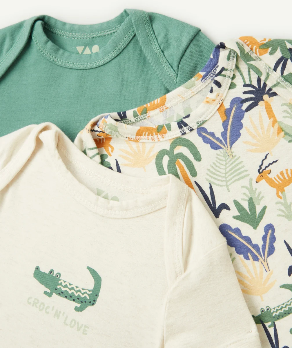 lot de 3 bodies bébé en coton bio uni vert et imprimé thème crocodiles