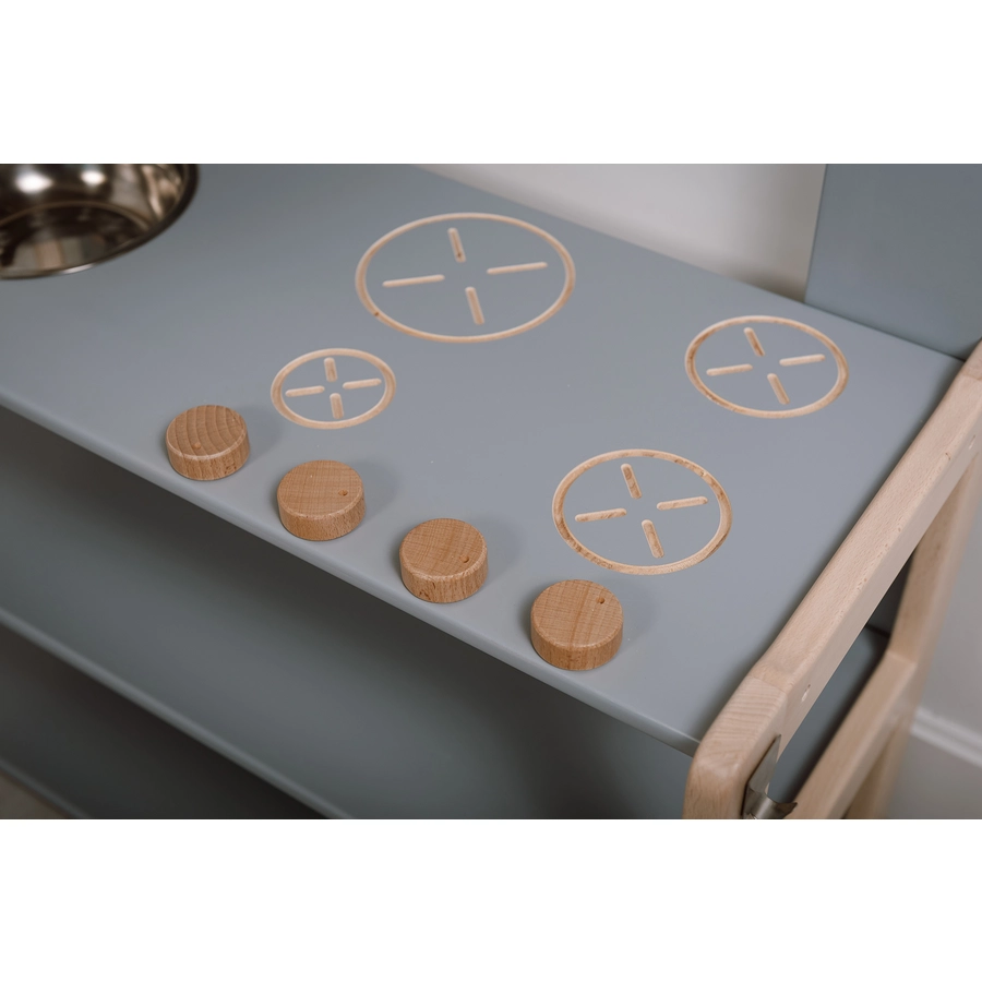 Montessori® Kinderkueche aus Holz - multifunktional - grau Montessori® Kindermöbel mehrfarbig