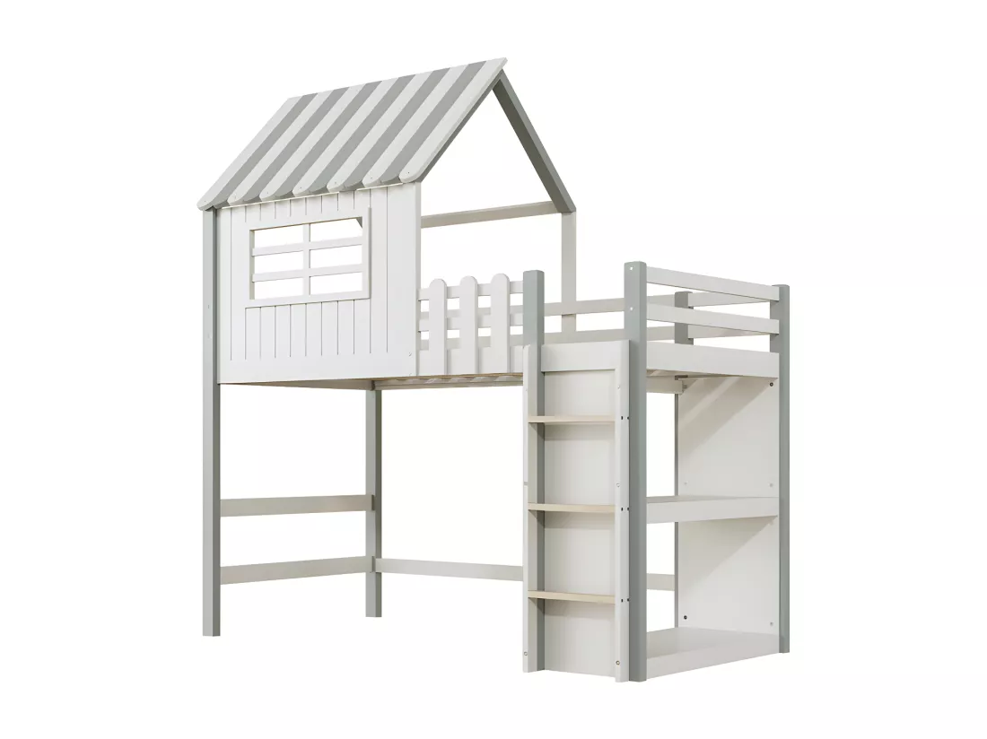 Lit superposé en bois massif 90x200 cm - avec échelle et barrière de sécurité - avec 2 étagères - Blanc