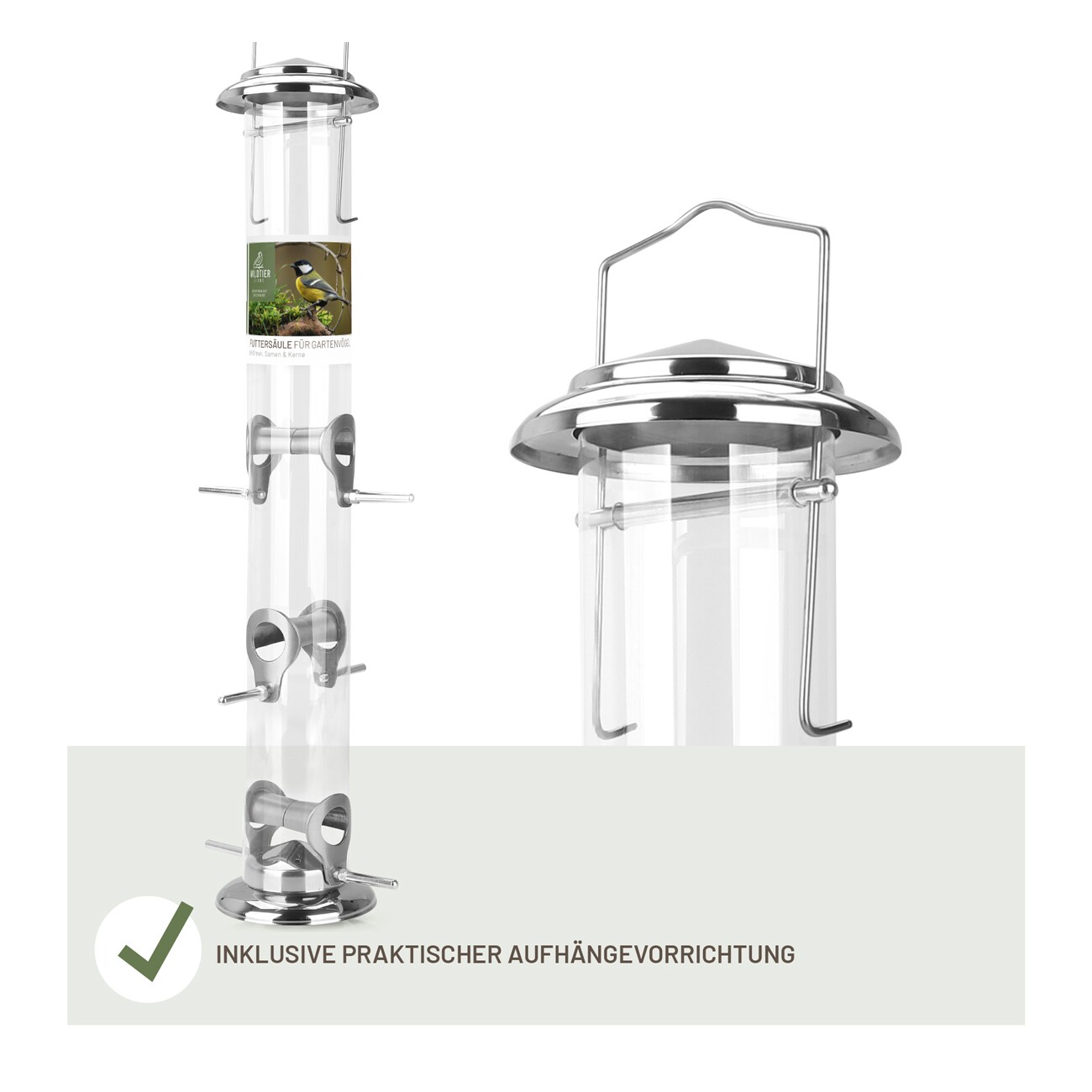 wildtier liebe Futtersäule für Samen, Körner & Kerne 52cm, Silber