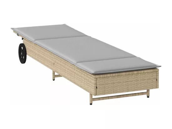 Chaise longue avec roues et coussin gris résine tressée