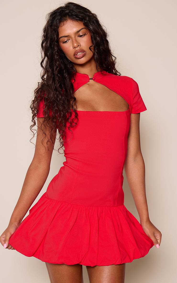 Rouge Robe Mini Ballon À Encolure Goutte D'eau En Tissu Stretch Tissé