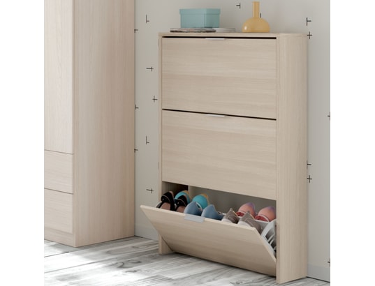 TERRE DE NUIT - Meuble à chaussures 3 portes, capacité 18 paires bois clair