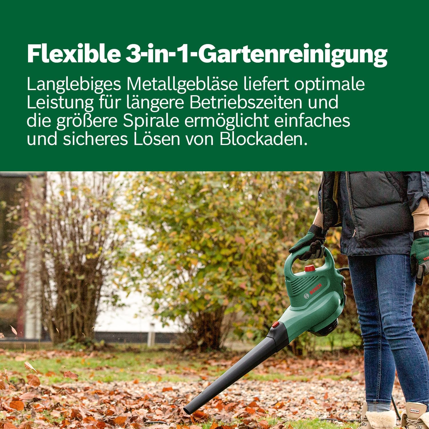 Bosch elektrischer Laubsauger/Laubbläser UniversalGardenTidy 3000 (3000 W, Fangsack 50 l, stufenlose Drehzahleinstellung, zum Blasen, Saugen und Häckseln von Laub, in Kartonverpackung)